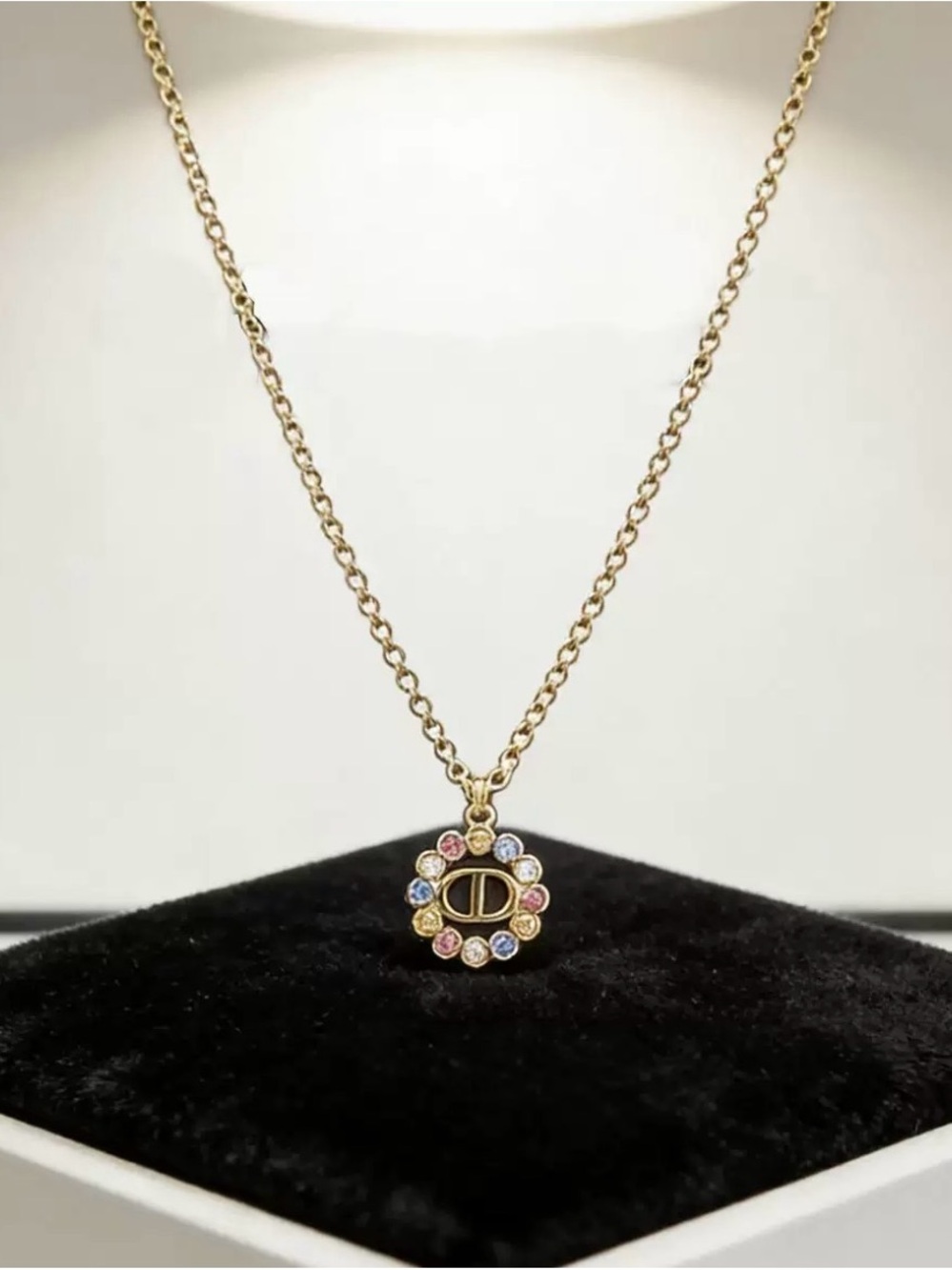 Gold Multicolor Crystal Flower Pendant Necklace